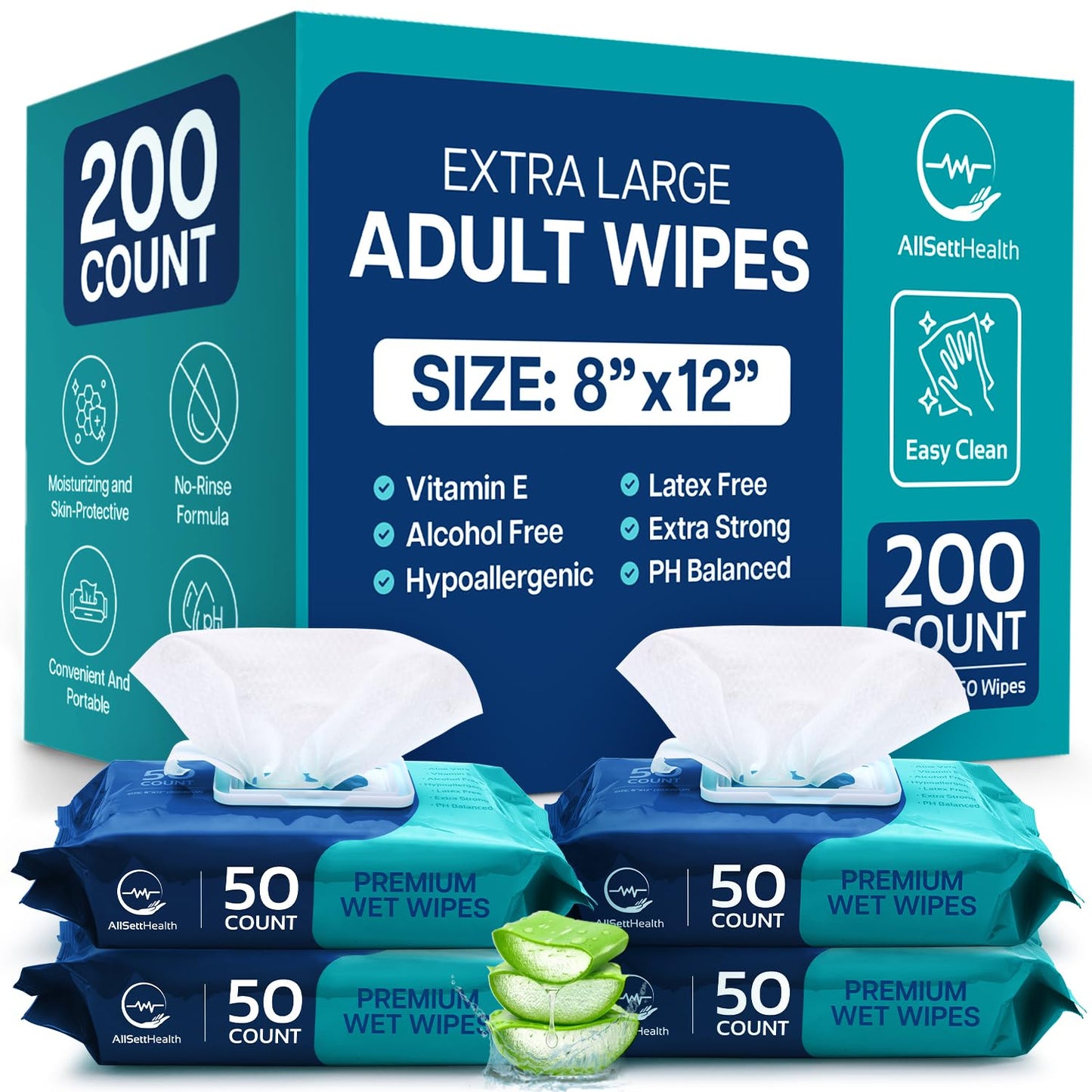 Body Wipes for Adults Bathing No Rinse - Adult Wipes for Elderly 8" x 12" (200 count) Shower No Rinse, Incontinence Disposable Washcloths, Aloe Vera, Vitamin E + 4 individual Packs