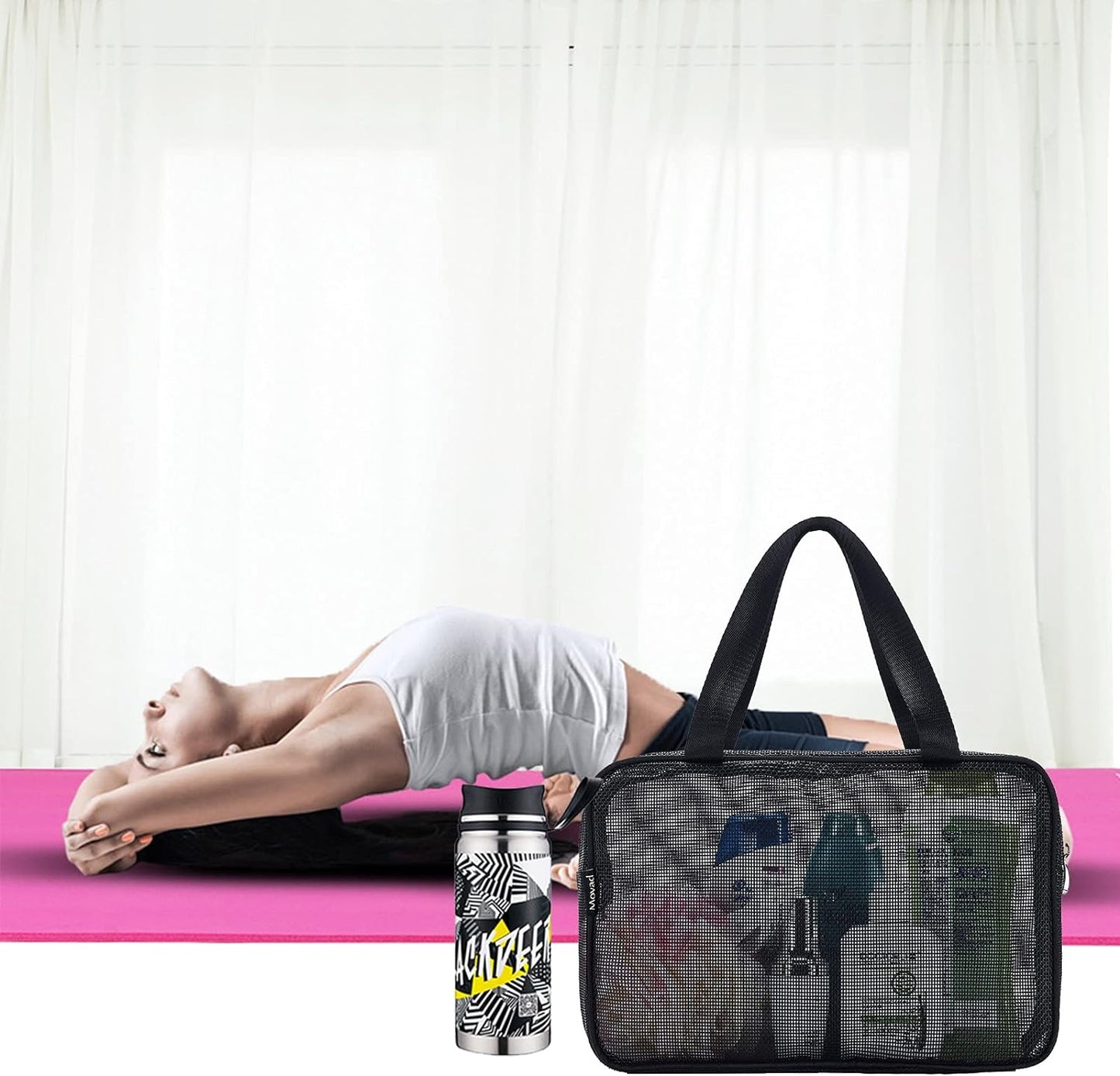 Moyad Mesh Shower Caddy Portable Toiletry Tote Gym Bag for College Dorm Bathroom (Black Large)