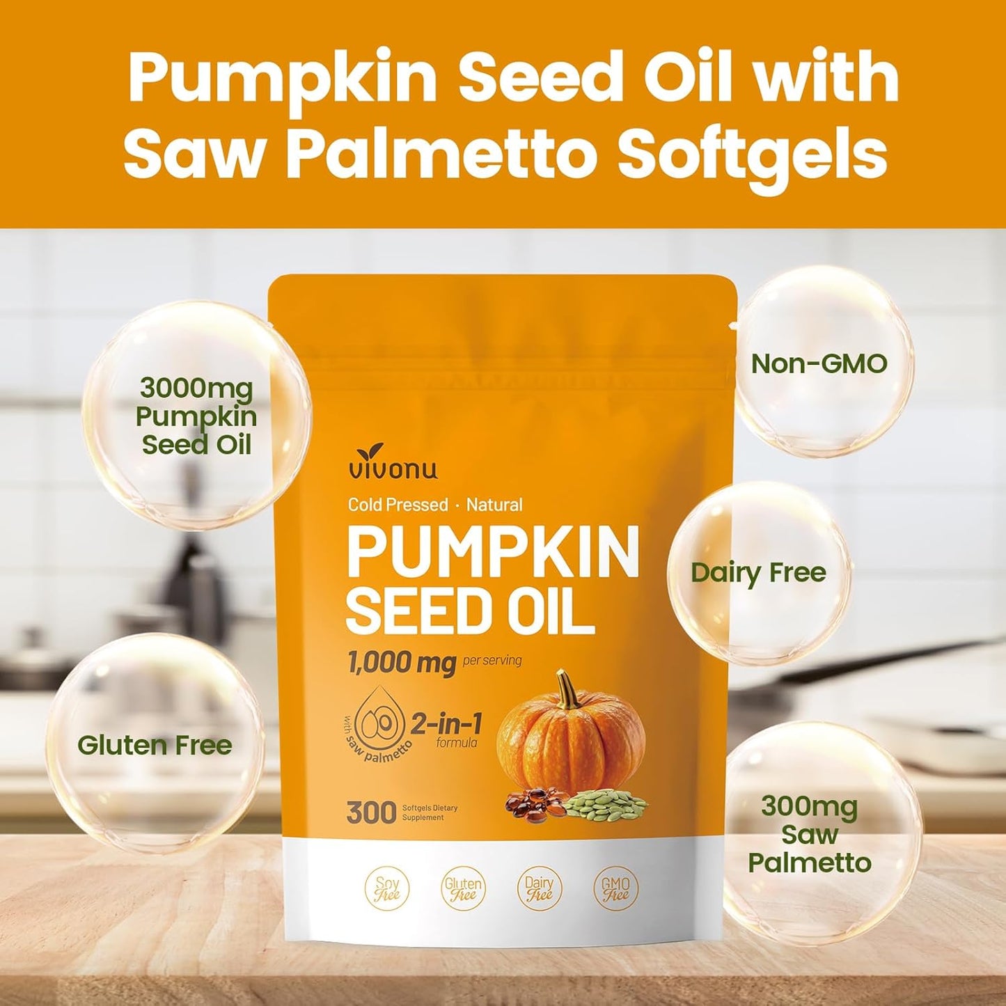 Pumpkin Seed Oil with Saw Palmetto Capsules | Cold Pressed, Pure Virgin Oil, Essential Fatty Acids & Phytosterols | 300 SoftgelsSupports Hair, Urinary, Bladder & Prostate Health, Non-GMO
