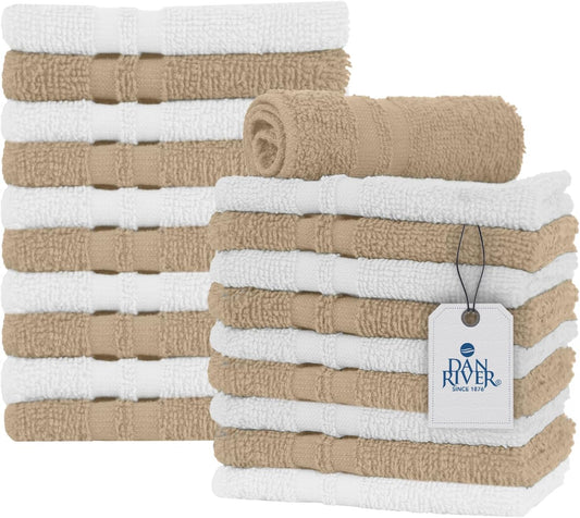 DAN RIVER 100% Cotton Washcloths 20 Pack Premium Quality Face and Body Cloth, Quick Dry Essential Towels for Bathroom, Hand, Kitchen & Cleaning, Baby Washcloths | 11X11 in | 400 GSM | Tan + White