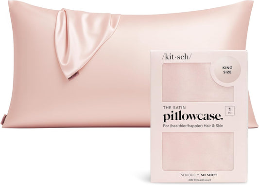 Kitsch Satin Pillowcase, Softer Than Silk Pillow Cases King, Cooling Pillow Covers, Satin Pillowcase with Zipper for Hair, Skin & Quality Sleep, Wrinkle-Free & Smooth, King Size 19"x36", Blush
