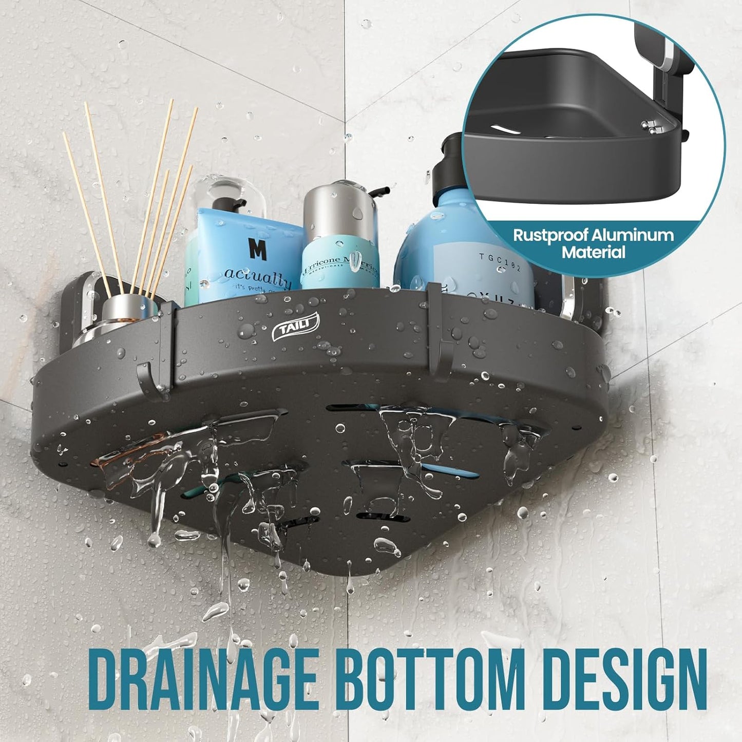 TAILI Corner Shower Caddy with Suction Cup Hooks, Aluminum Corner Shelf Basket， Wall Mounted Organizer Rack for Shampoo, No-Drilling Rustproof for Kitchen and Bathroom