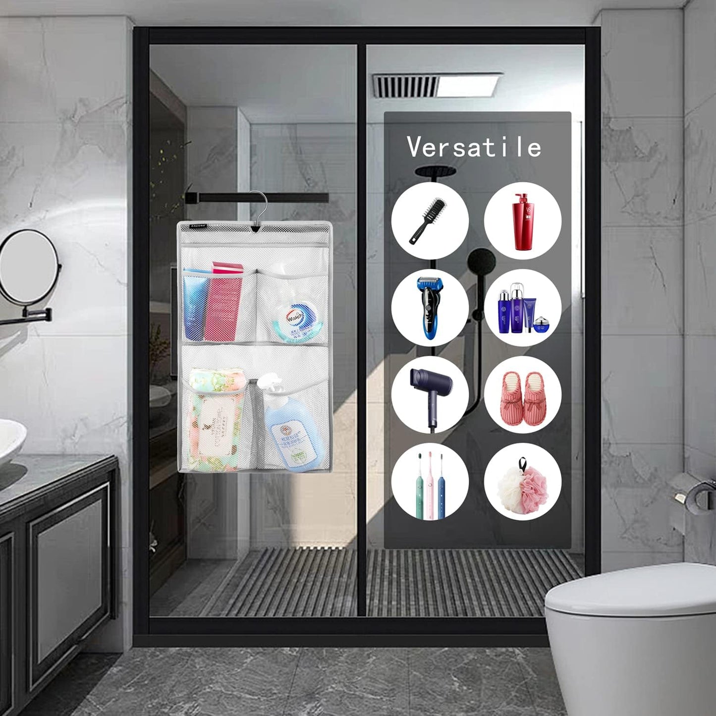 Mesh Shower Organizer Hanging Caddy Quick Dry Bathroom Storage for Toiletry Accessories with Rotating Hanger (4 Pockets)