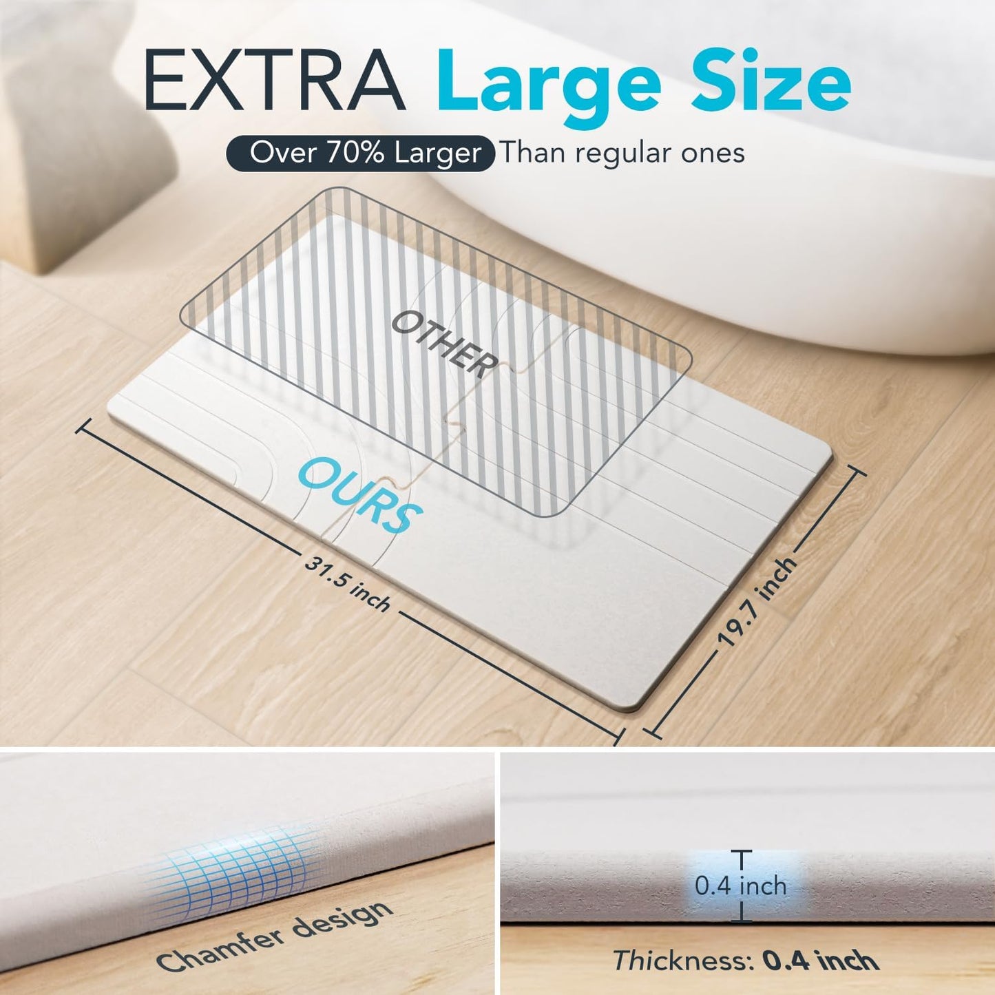 32 * 20 Large Stone Bath Mat for Bathroom Quick Dry Diatomaceous Earth Bath Mat Non Slip Stone Drying Mat Magic Super Absorbent Diatomite Bathmat Shower Floor Water Absorbing Mat White