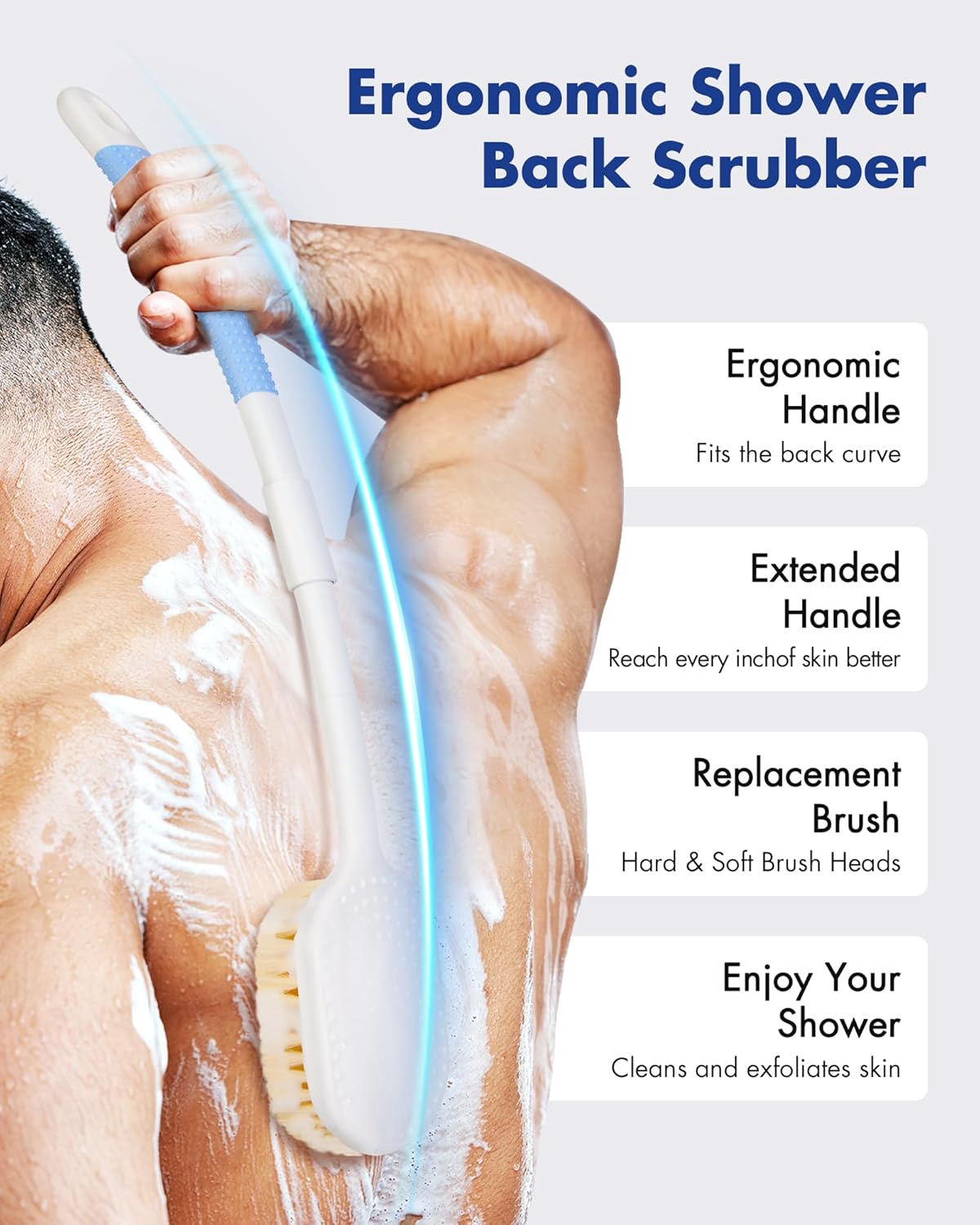 Rafow Ergonomic Back Scrubber for Shower - Anti Slip Long Handle Bath Brush with Stiff and Soft Bristles - Showering Exfoliator Wet or Dry Brushing for Women, Men, Elderly (Curved Handle Blue)