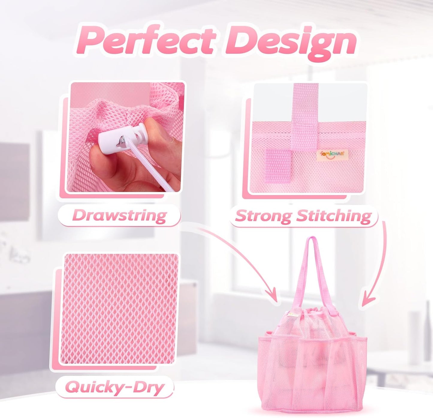 Mesh Shower Caddy Portable with Drawstring, Dorm Room Essentials for College Students Girls, Large Shower Bag for Camping,Swimming,Gym,Travel,Bathroom - Pink