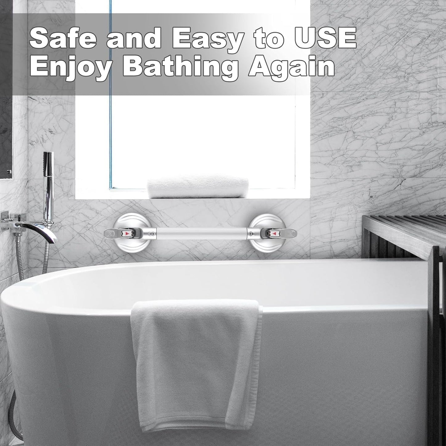 19-Inch Shower Handle - Upgraded Grab Bar with Strong Suction Cups for Bathtub & Shower Safety, Ideal for Seniors, Elderly, Disabled，Silver