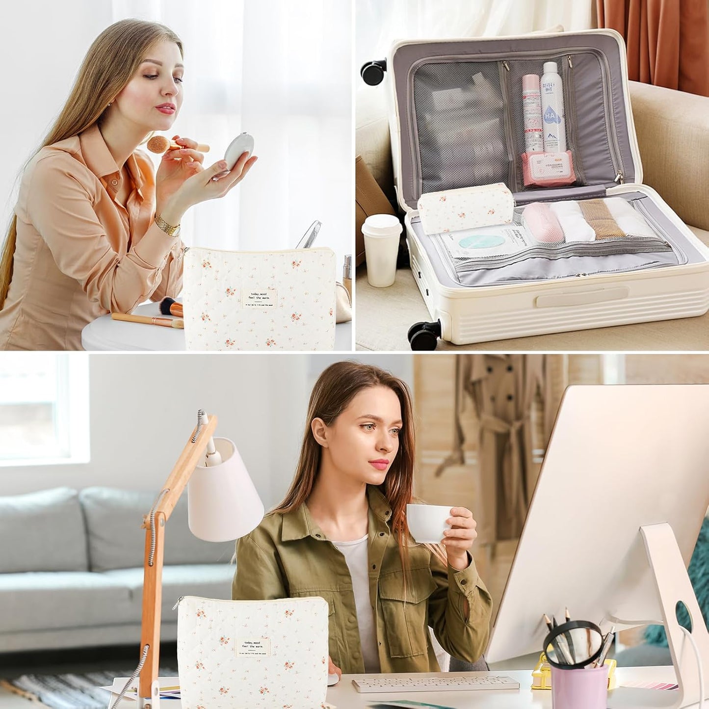 2Pcs Quilted Cotton Makeup Bag Large Travel Makeup Pouch Small Brush Holder Set for Women Floral Coquette Makeup Bag Cute Aesthetic Cosmetic Bag White Toiletry Organizer Storage Bag Big Zipper Pouch