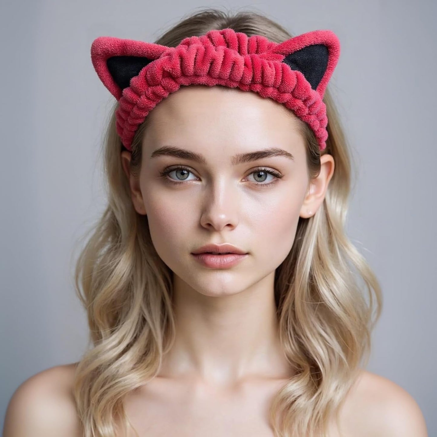 2 Pcs Cat Ears Headband, Cute Spa Headbands for Washing Face Skincare Makeup Headbands for Women Girls Trendy Stuff Present Soft Coral Fleece Hair Accessories(Blue Red)