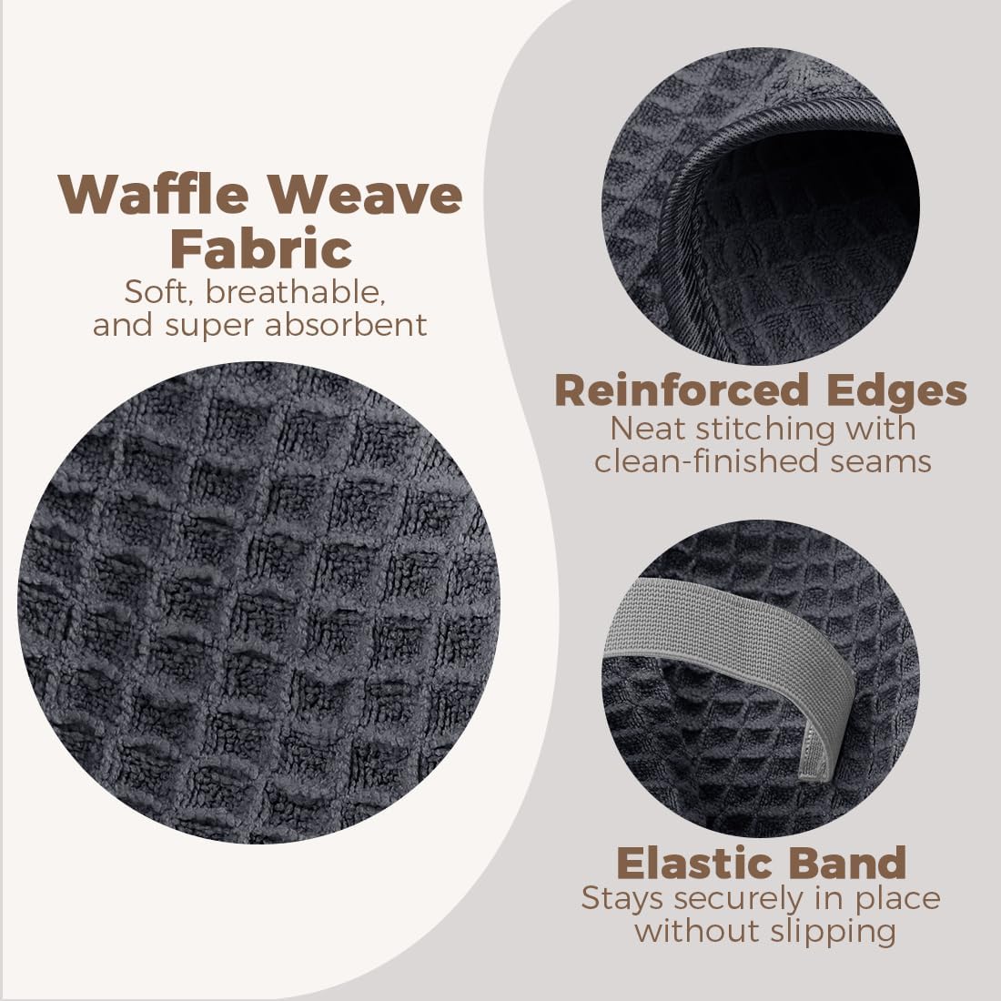 HOMEXCEL 2 Pack XL Microfiber Hair Towels Waffle Weave- 40 x 26.5 inches Fast Drying Turbans for Long, Thick, Curly Hair - Anti Frizz Wrap with Elastic Strap, Black/Grey