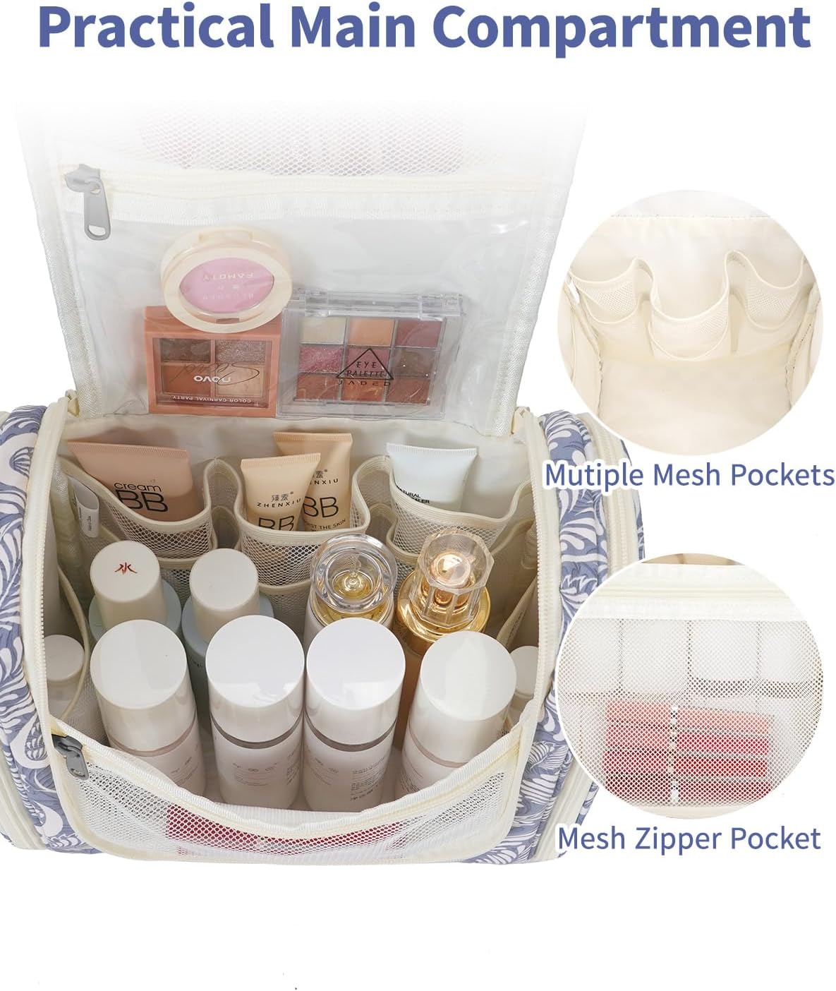 Narwey Hanging Toiletry Bag for Women Travel Makeup Bag Organizer Toiletries Bag Men for Cosmetics Essentials Accessories(Large, Blue Leaf)