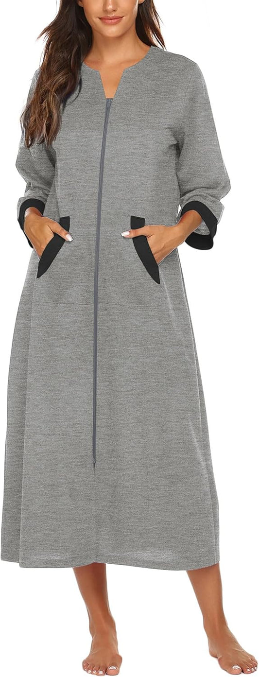 Ekouaer Women Zipper Robe 3/4 Sleeves Loungewear Dress Full Length Sleepwear Pockets Housecoat Nightgown Long Bathrobe