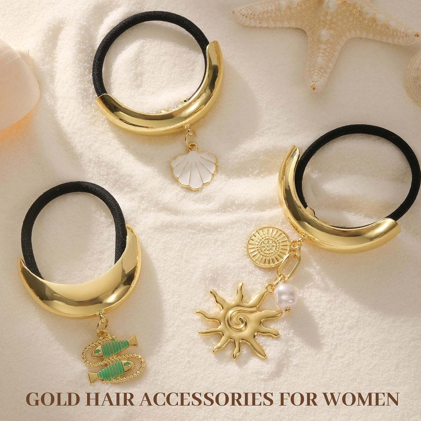 3PCS Gold Hair Ties, Metal Hair Ties for Thick Hair, Elegant Durable Geometric Design, Gold Hair Accessories with Charm Stretchy and Non-Damage Ponytail Cuff Holders, 3 Styles in Box Holiday Gifts
