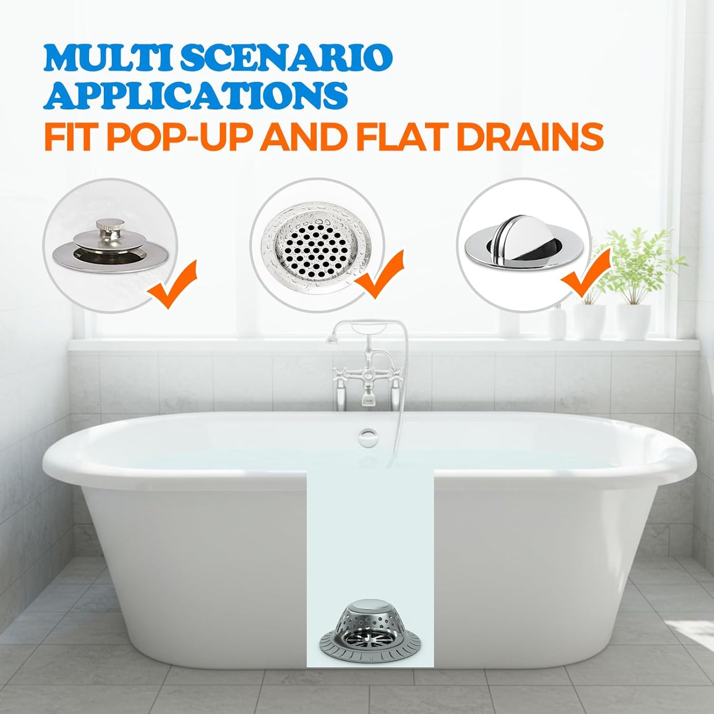 zaa Drain Hair Catcher - Bathtub Drain Cover, Hair Stopper for Bathtub Drain, 304 Stainless Steel Drain Protector and Hair Trap for Flat & Pop-up Drains, Silver Gray