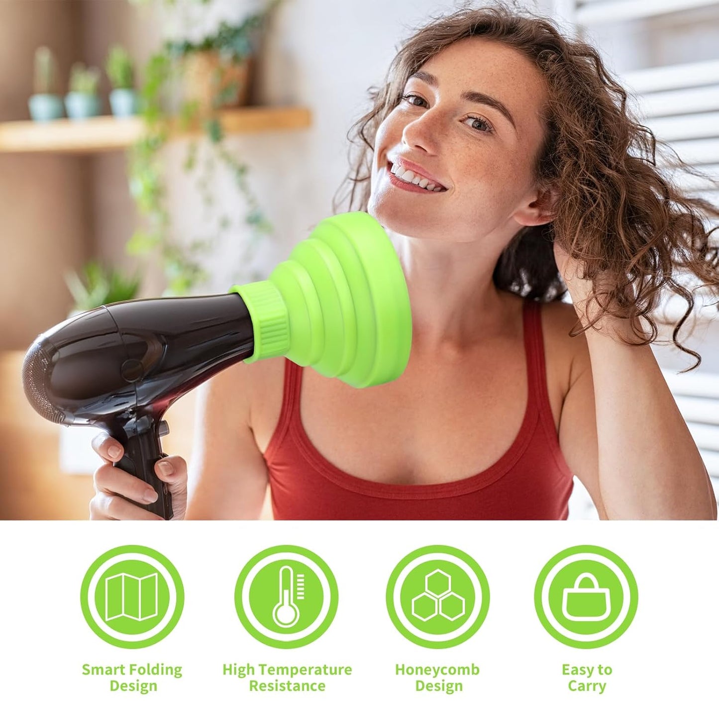 Segbeauty Collapsible Blow Dryer Diffuser, Travel Portable Hair Diffuser for Natural Curly Hair, Professional Lightweight Folding Diffuser Attachment for Dryers Nozzle 1.54 to 1.69 inches Green