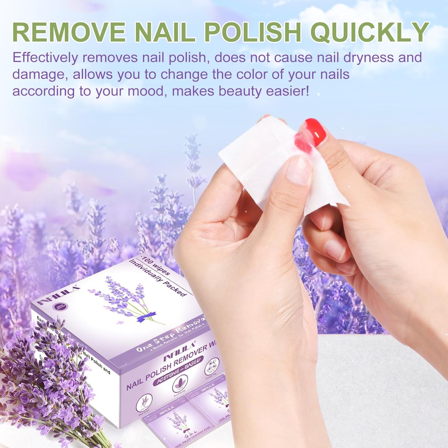 NXJ INFILILA Nail Polish Remover Pads, Nail Polish Remover Wipes Lavender Individually Wrapped Quick and Effective Removal