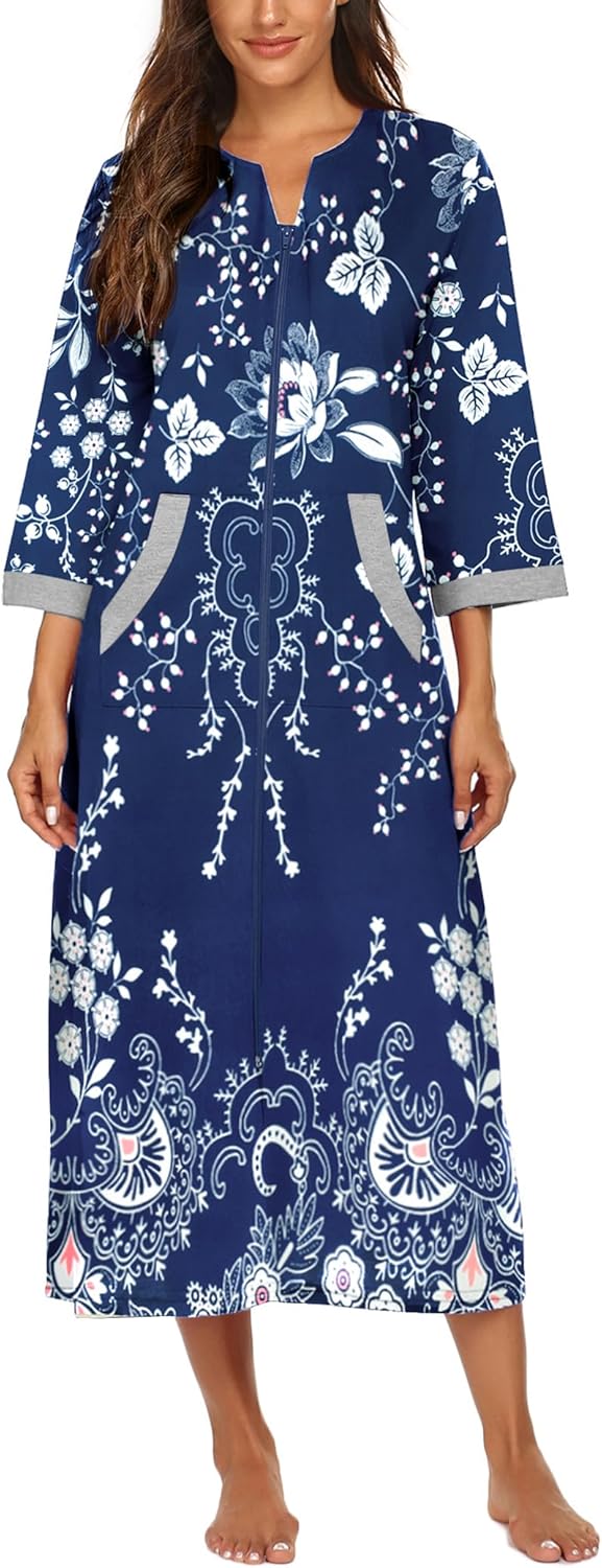 Ekouaer Women Zipper Robe 3/4 Sleeves Loungewear Dress Full Length Sleepwear Pockets Housecoat Nightgown Long Bathrobe