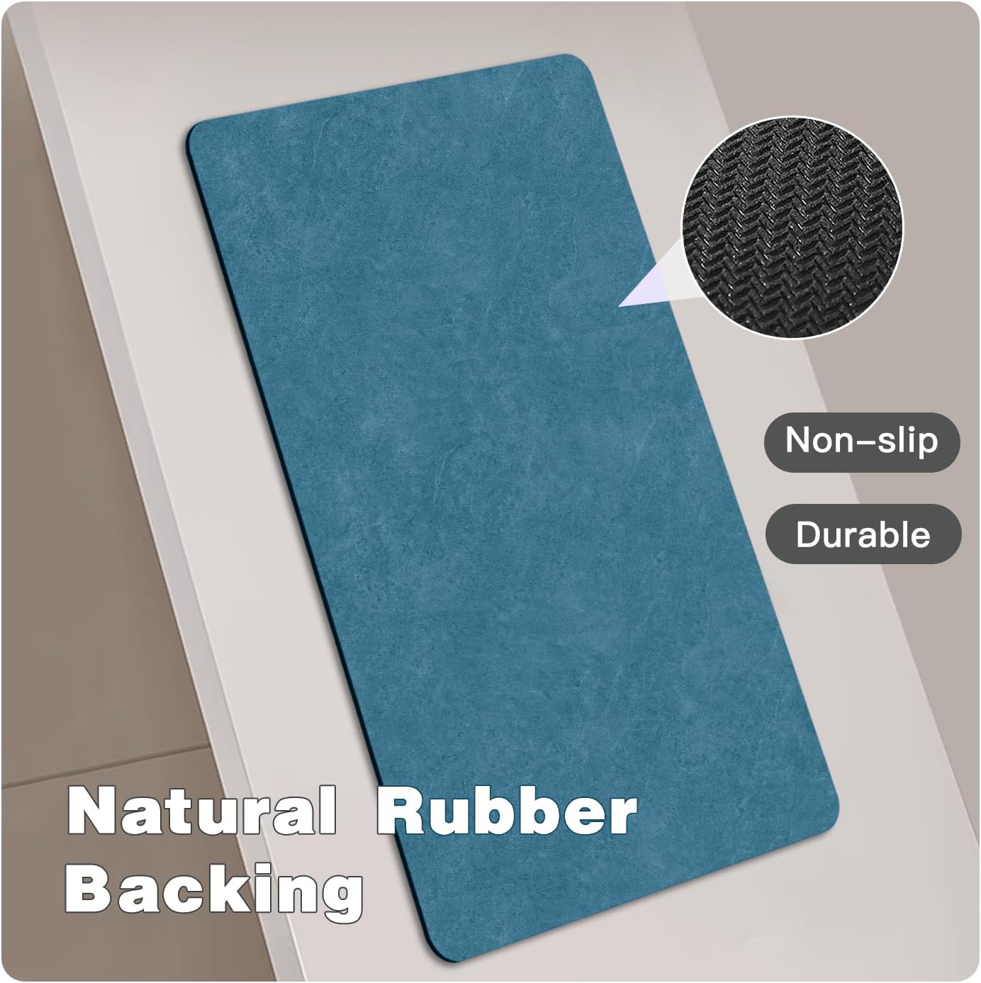 Bathroom Mat Quick Dry, Bathroom Rugs Non Slip Washable Thin Absorbent Bath Mat Fits Under Door Bathroom Floor Mat Perfect for Bath, Shower, or Sink 16"x24" Denim Blue
