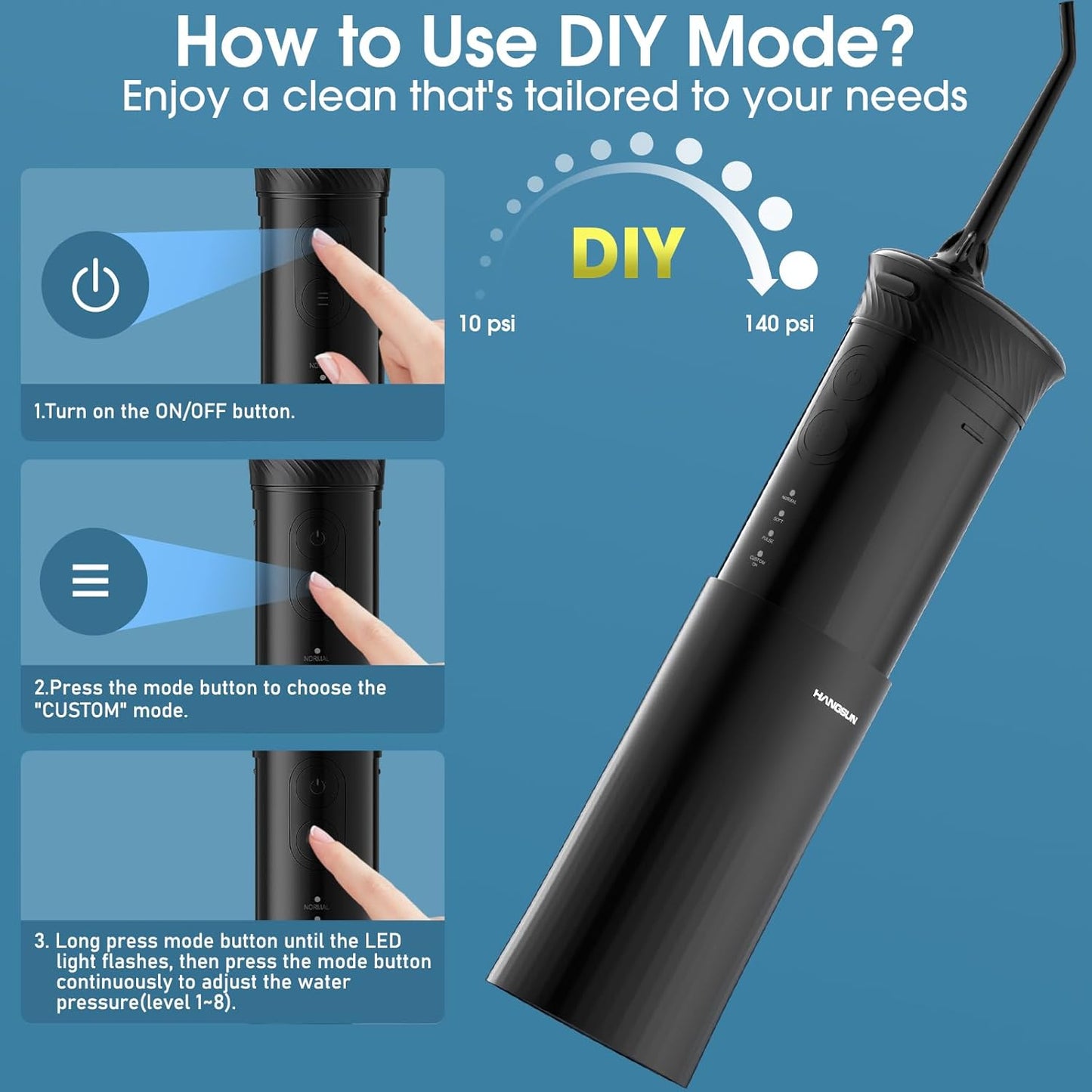 HANGSUN Portable Travel Water Flosser - Compact Cordless,30 Days Battery, Deep Plaque Removal, 4 Modes with DIY, 6 Nozzles for Sensitive Gums&Braces, IPX7, Telescopic 180ml Tank, Rechargeable, Black