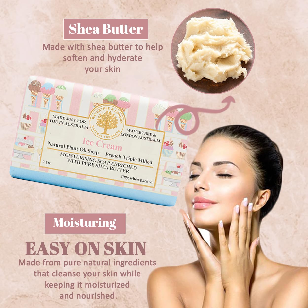 Wavertree & London Ice Cream Scented Natural Soap (8 Bars), 7oz Moisturizing French Triple Milled Soap Bars enriched with shea butter - Pure Plant Oil Bath & Body Bars for All Skin Types