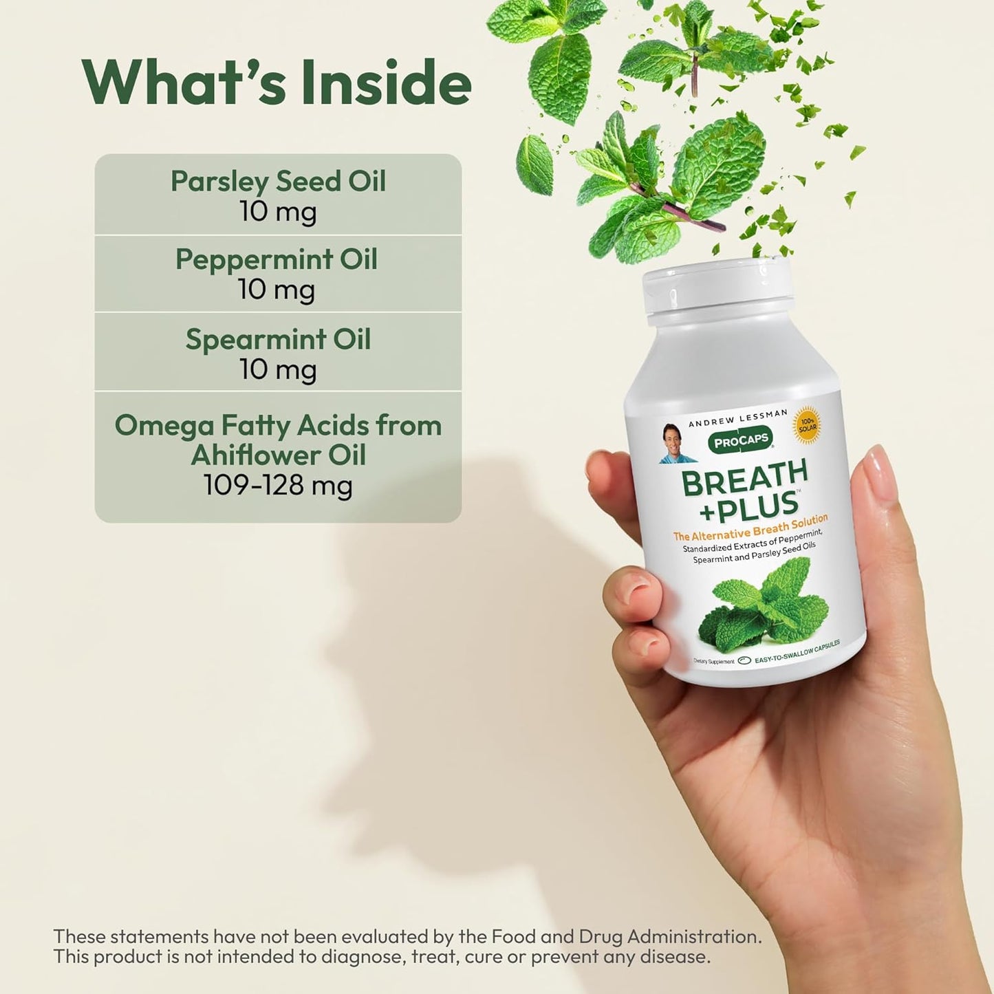 ANDREW LESSMAN Breath Plus 180 Softgels - Natural Breath Freshener, Helps Eliminate Odors from Food, Smoking, Morning Breath from The Inside Out. Peppermint, Spearmint. Easy to Swallow Softgels