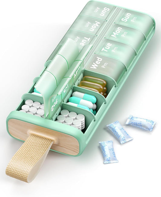 Weekly Pill Organizer AM PM 7 Day Pill Box, Large 2 Times a Day Medicine Case with Carry Handle, Moisture-Proof Desiccant & Secure Easy-Open Lids for Vitamins and Supplements