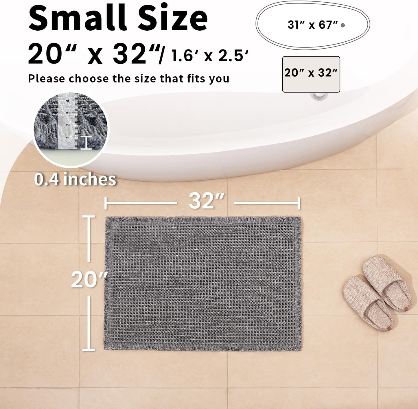 Waffle Bath Mat - Boho Bathroom Rugs Non Slip Washable, Super Absorbent & Quick Dry, Soft Bath Mat Farmhouse Bathroom Decor, 20'' x 32'', Dark Grey
