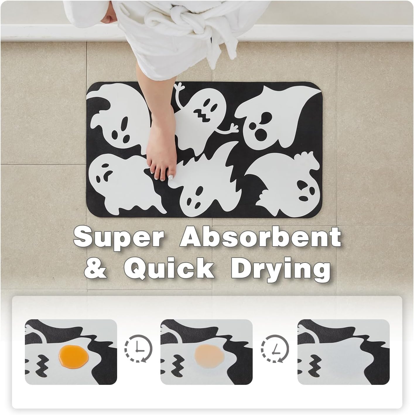 Halloween Bath Mat, Thin Halloween Bathroom Rug Non Slip Quick Dry Ghost Bath Mat Fits Under Door Thin Floor Mat Halloween Decor, 17''x30'', Ghosts Black