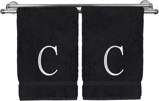Monogrammed Hand Towel, Personalized Initial Gift, Extra Absorbent 100% Turkish Cotton - Soft Terry Finish - Set of 2 - White Block Initial C - Embroidered on Black Towels
