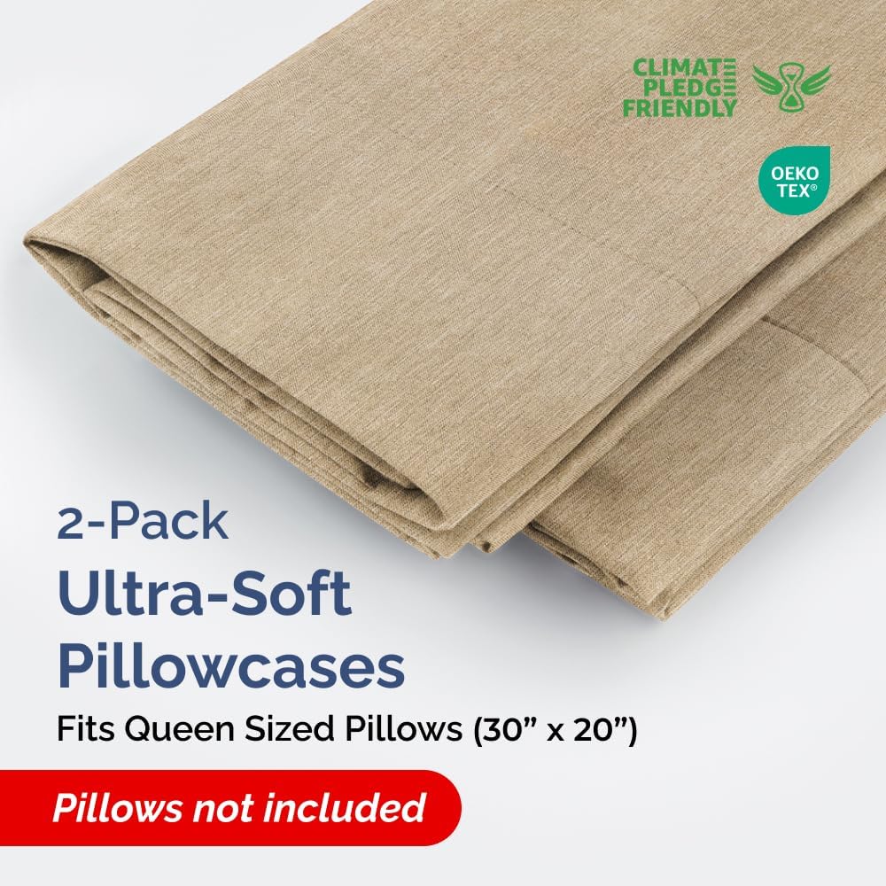 Queen Pillow Cases Set of 2 - Ultra Soft Hotel Quality Pillowcase Covers - Comfy, Cozy & Wrinkle Free - Shrinkage and Fade Resistant - Machine Washable Pillow Protectors - 2 Piece Set - Heathered Tan