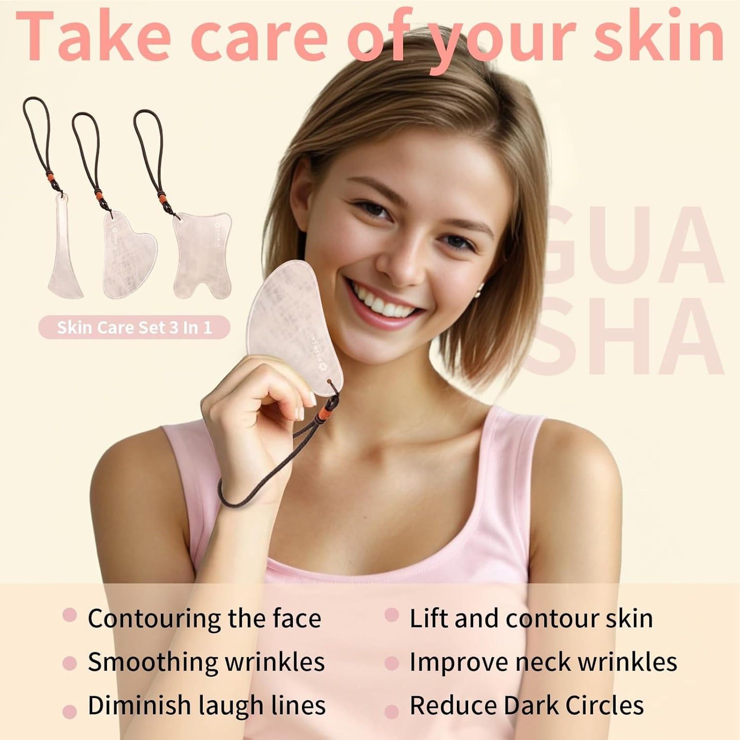 Gua Sha Massage Tools, 3Pcs Gua Sha Tools of Multi-Shapes, Guasha Scraping Massage Tools for Face and Body,Pink