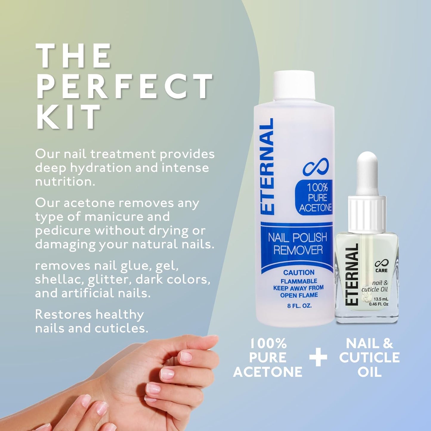 Eternal Acetone Nail Polish Remover & Cuticle Oil Drops - 100% Pure Acetone for All Nail Polish Types, Natural Gel & Acrylic Nail Care Treatment for Damaged Nails, For Men & Women