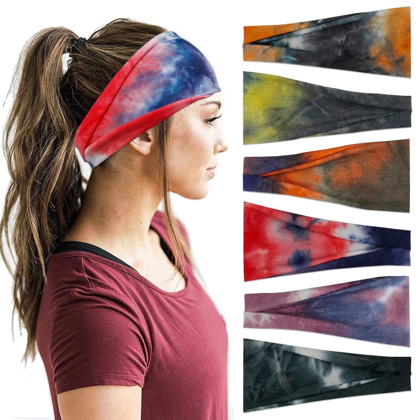 Headbands For Women Workout Wide Headband Yoga Head Bands For Women's Hair Accessories Fashion Band Tie Dye 6 Pack