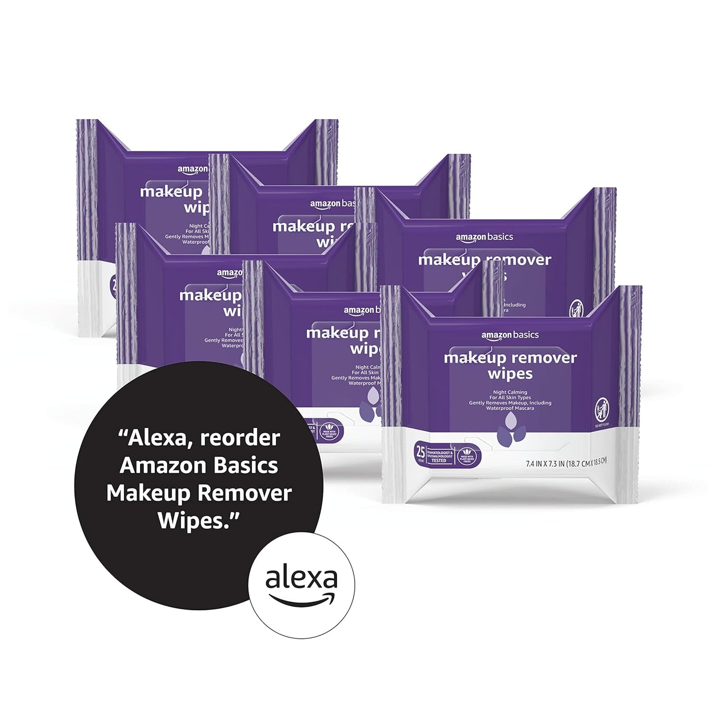 Amazon Basics Makeup Remover Wipes, Gentle Cleansing, Dermatologist Tested, Night Calming, Plant Based, Alcohol Free, Removes Waterproof Mascara, 25 Count Per Pack, Pack of 6 (Previously Solimo)