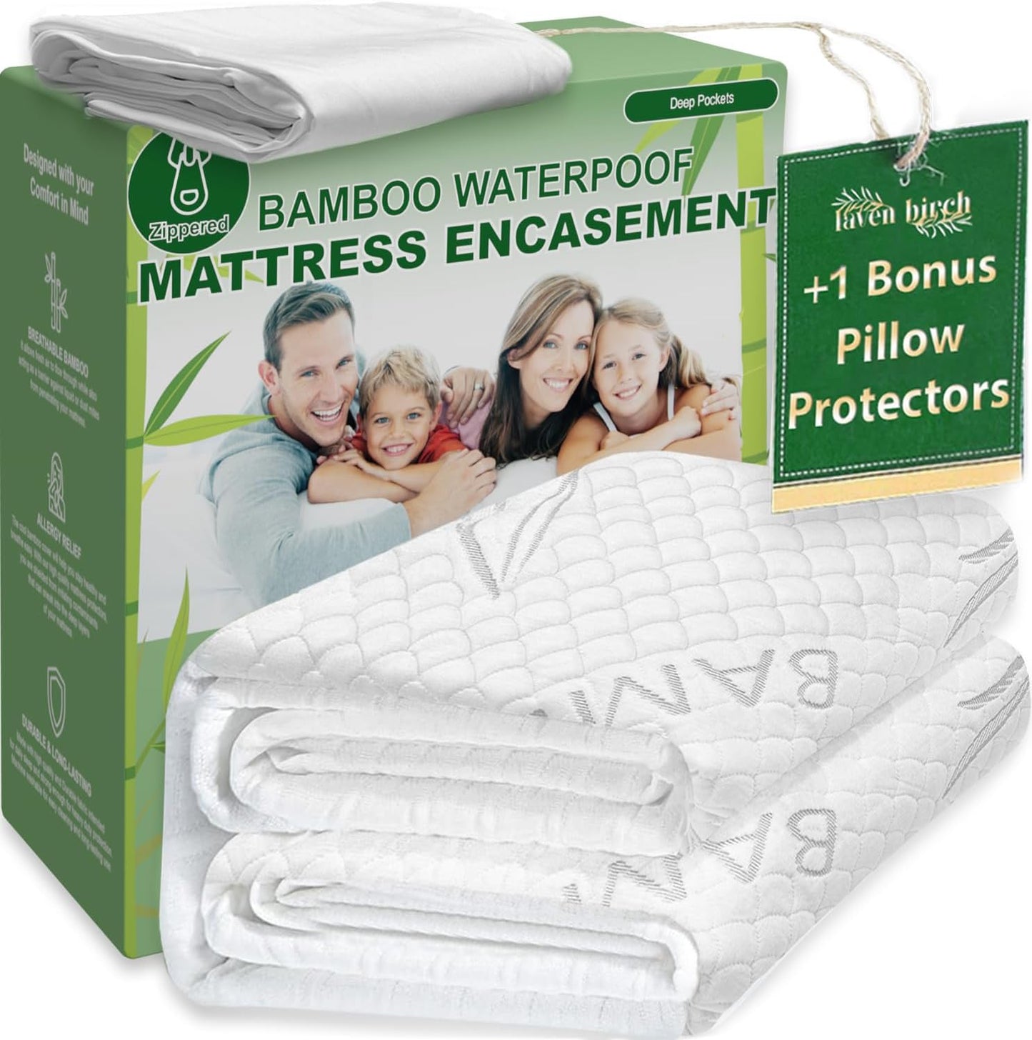 Bamboo Rayon Mattress Protector with Zipper +1 Pillow Protector - 100% Waterproof Cooling Twin Size Cover - Ultra Soft Fabric Breathable Noiseless Mattress Pad Covers Zippered Encasement
