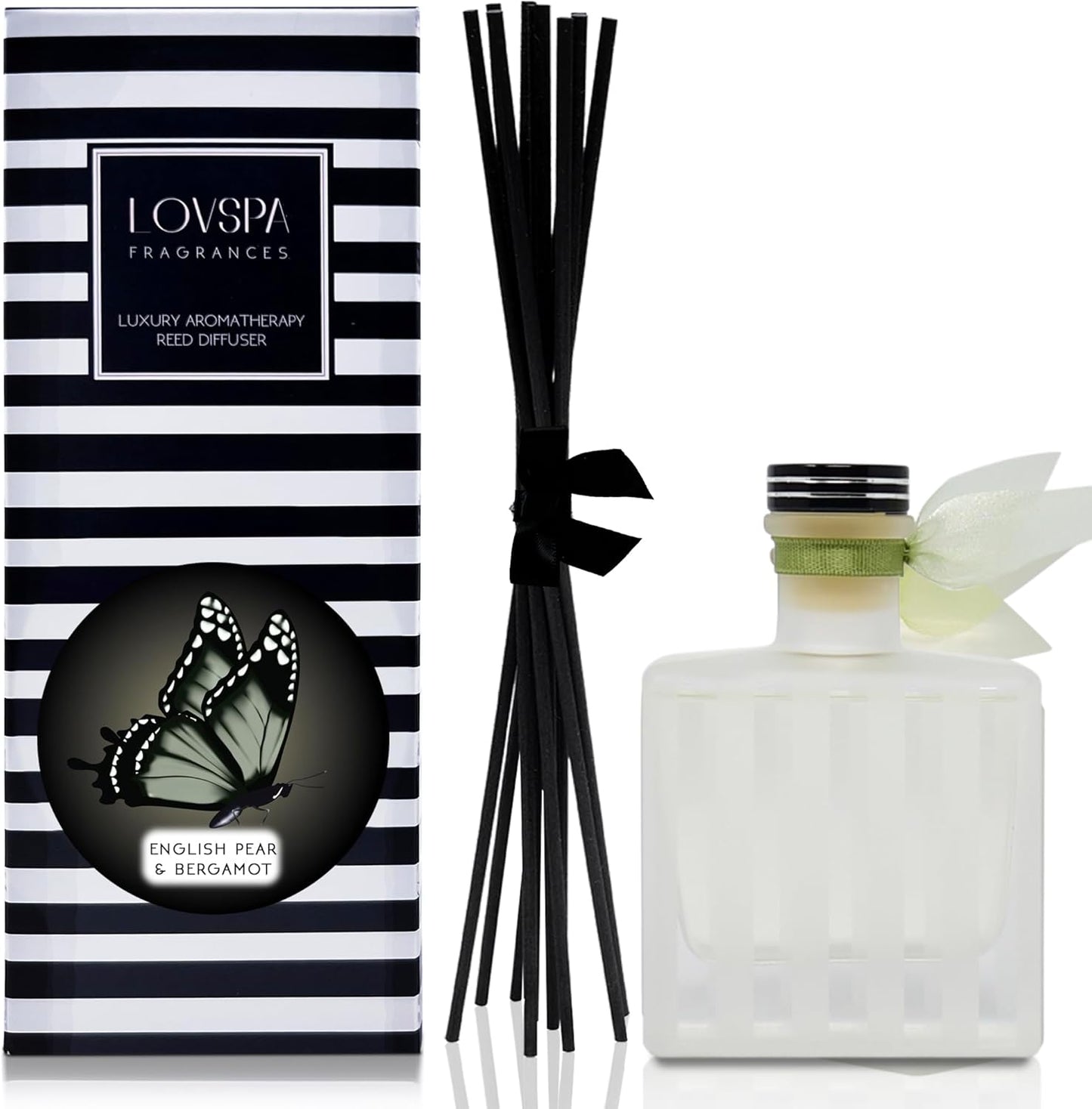 LOVSPA Reed Diffuser Set, English Pear & Bergamot Scented Oil Diffuser with Sticks, Home Fragrance Accessories for Bathroom Shelf Decor, Aroma Diffusers for Home or Office Desk, USA Made