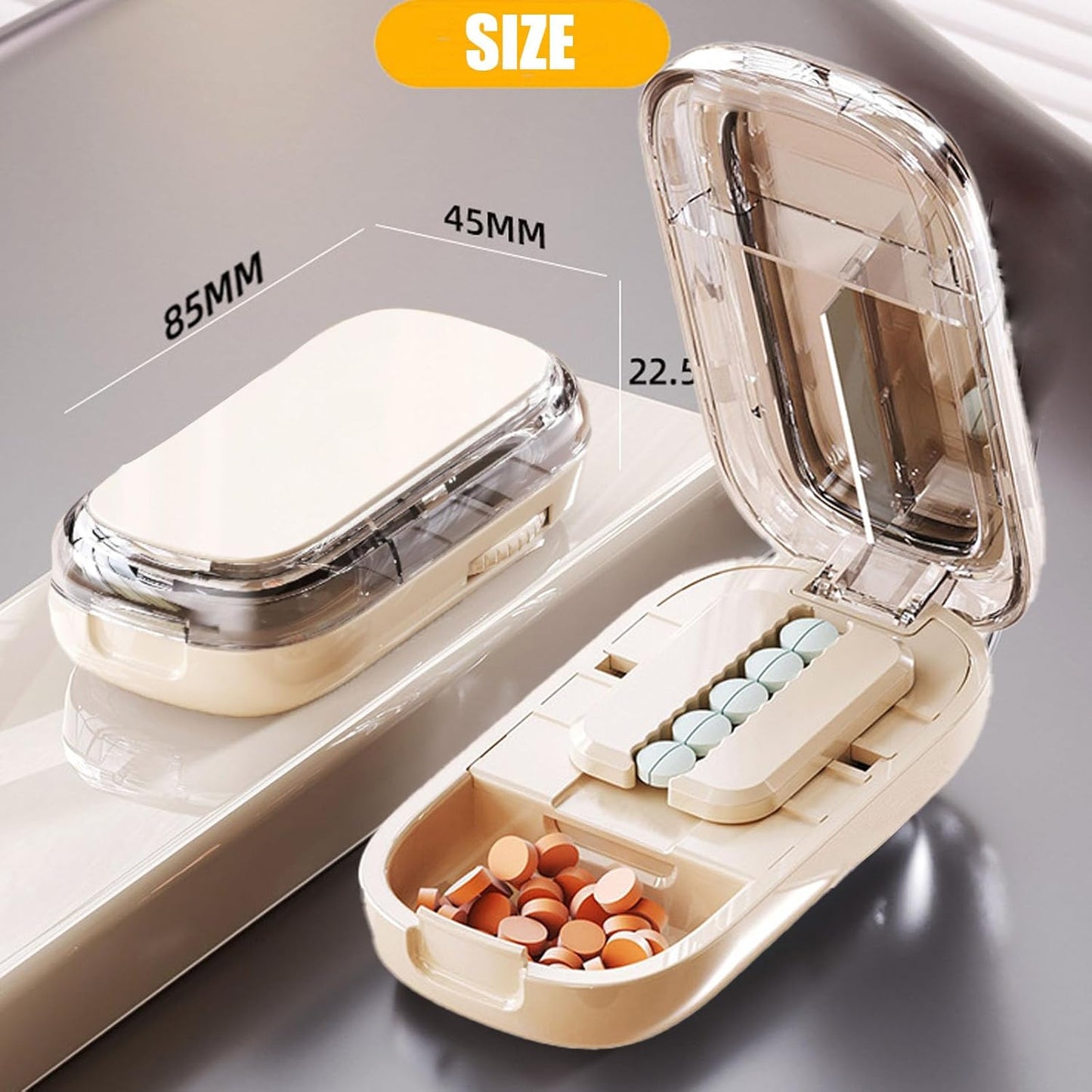 Pill Cutter for Cutting Multiple, 1/2 1/4 Pill Splitter for Large, Small and Tiny Pills, Portable Pills Cutter,Storage Organizer, Accurate Centering Alignment Device (White)