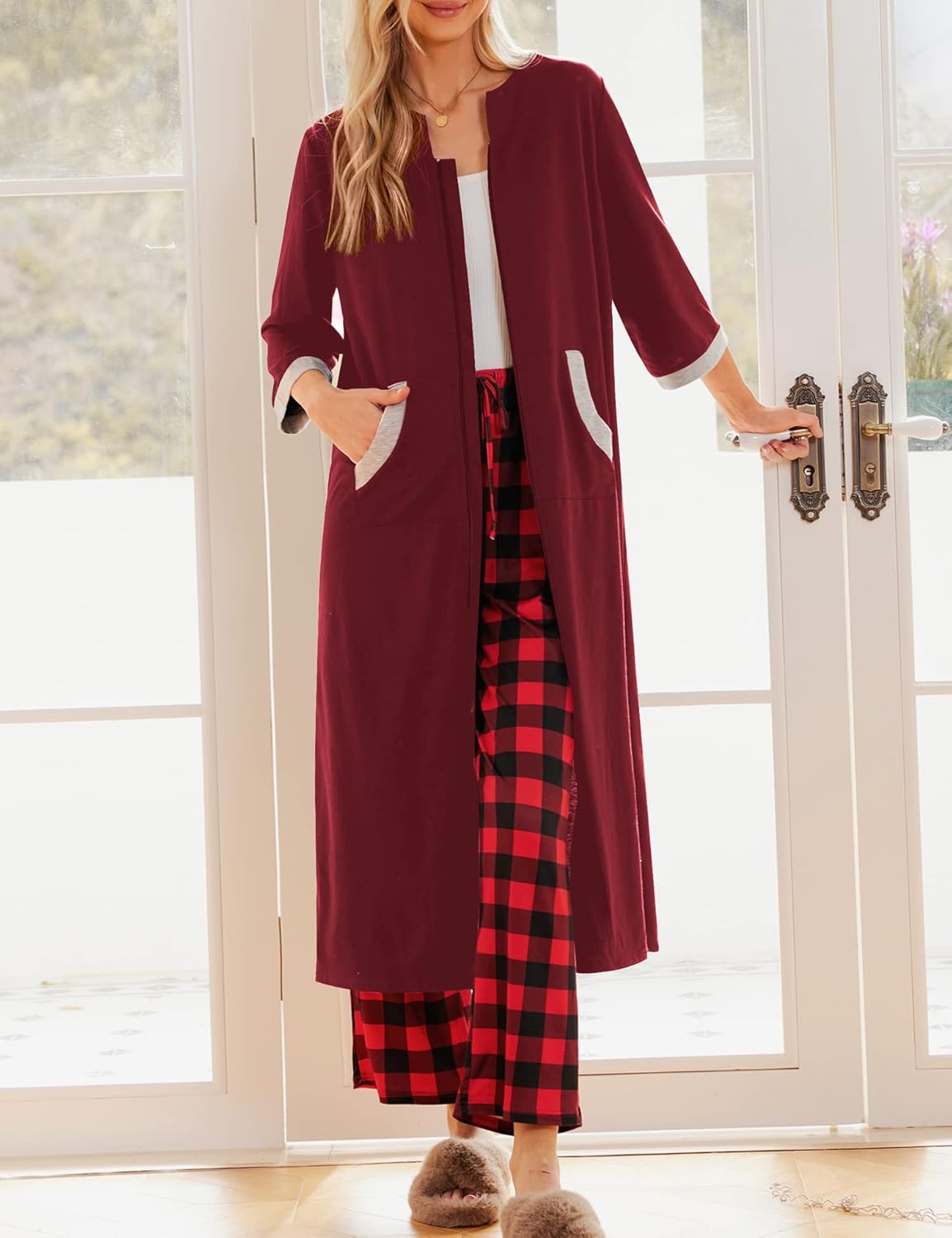 Ekouaer Women Zipper Robe 3/4 Sleeves Loungewear Dress Full Length Sleepwear Pockets Housecoat Nightgown Long Bathrobe