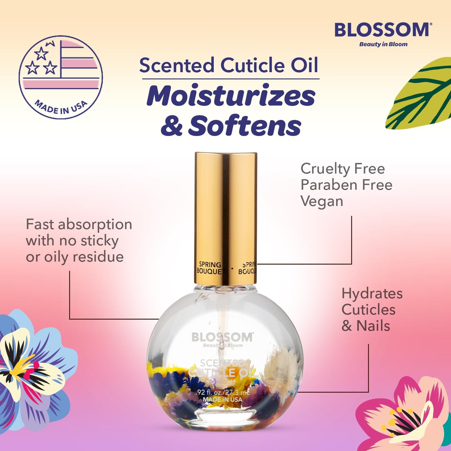 Blossom Cuticle Oil for Nails, Hydrating, Moisturizing, Scented Nail Oil Cuticle Care, Infused with Real Flowers, Made in USA, 0.92 fl. oz, Spring Bouquet