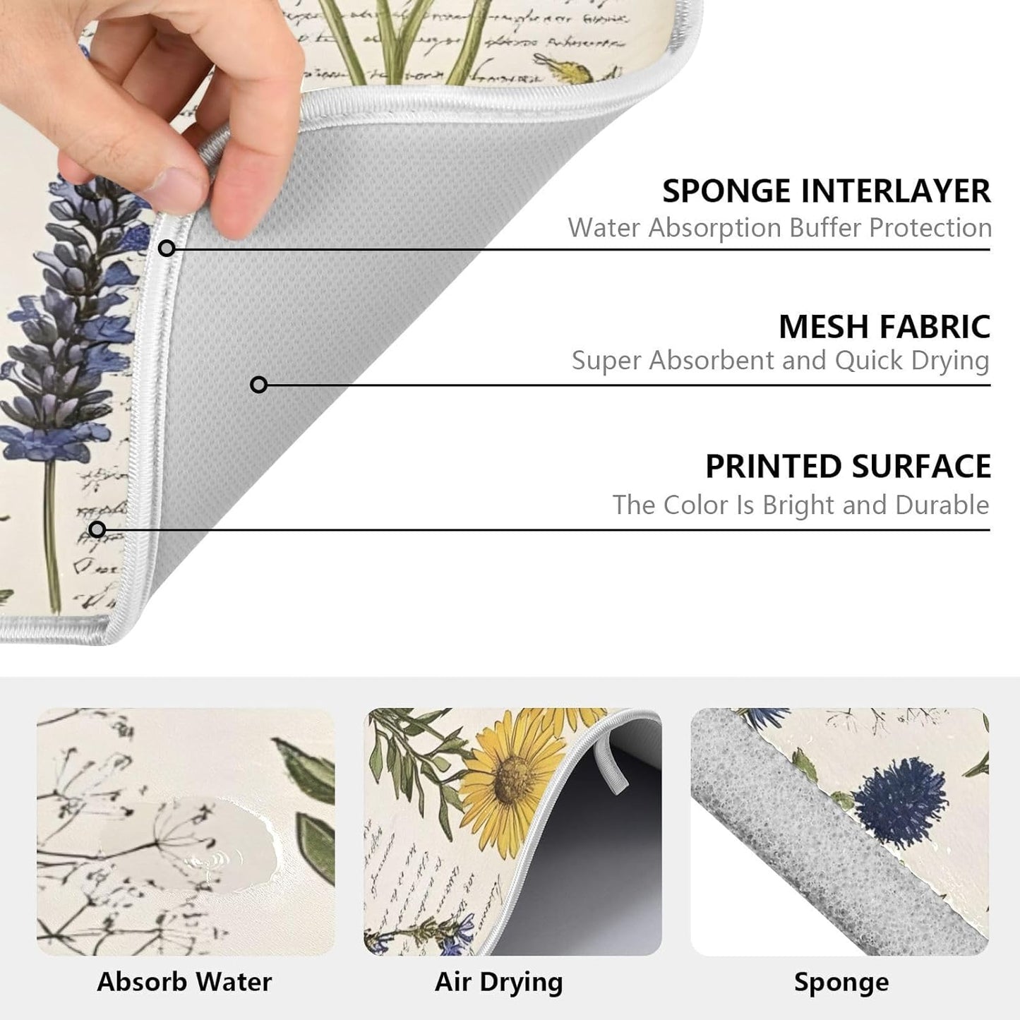 Page Wildflower Vintage Dish Drying Mats for Kitchen Counter Absorbent Microfiber Dish Drying Matt 16 x 18 Inch Draining Reusable Rack Pad