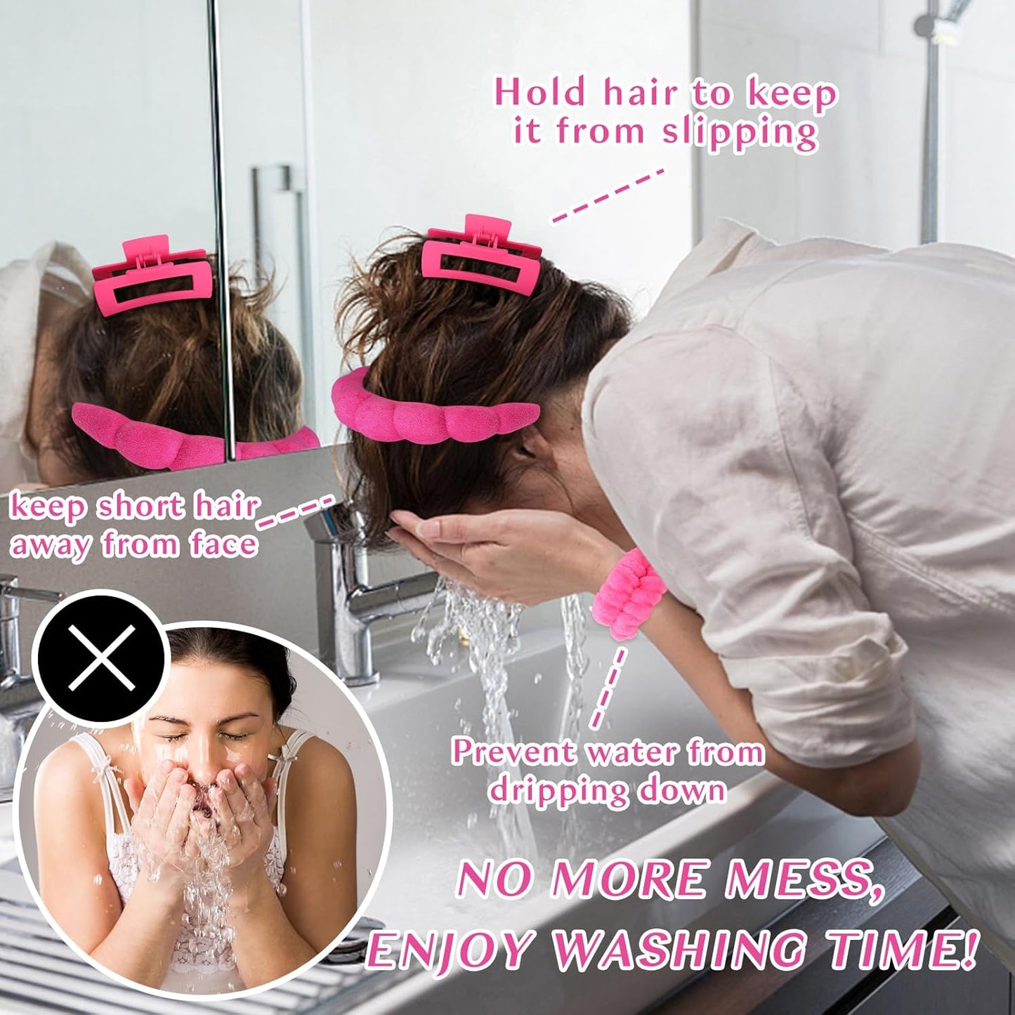 Wecoe Pink Rose Red Spa Headband And Wristband Set Skincare Headband For Washing Face Hair Claw Clips For Thick Hair Cute Puffy Sponge Bubble Makeup Head Band Wrist Towels Scrunchies For Women Girls