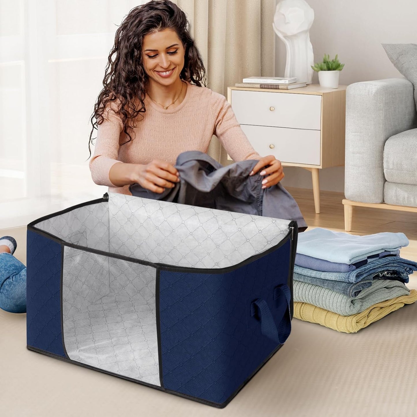 Fab totes 8 Pack Clothes Storage, Foldable Thick Fabric Blanket Storage Bags, Containers for Organizing Bedroom, Closet, Clothing, Comforter,Closet Organization with Handle,Blue