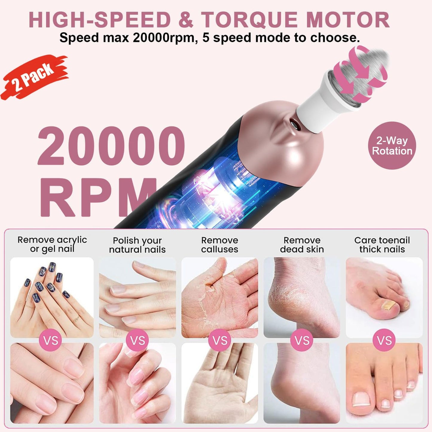 2 Pack All-in-One 9-in-1 Cordless Nail Drill Kit: 100 Bits, 5 Speeds for Perfect Nails at Home & Salon,Black