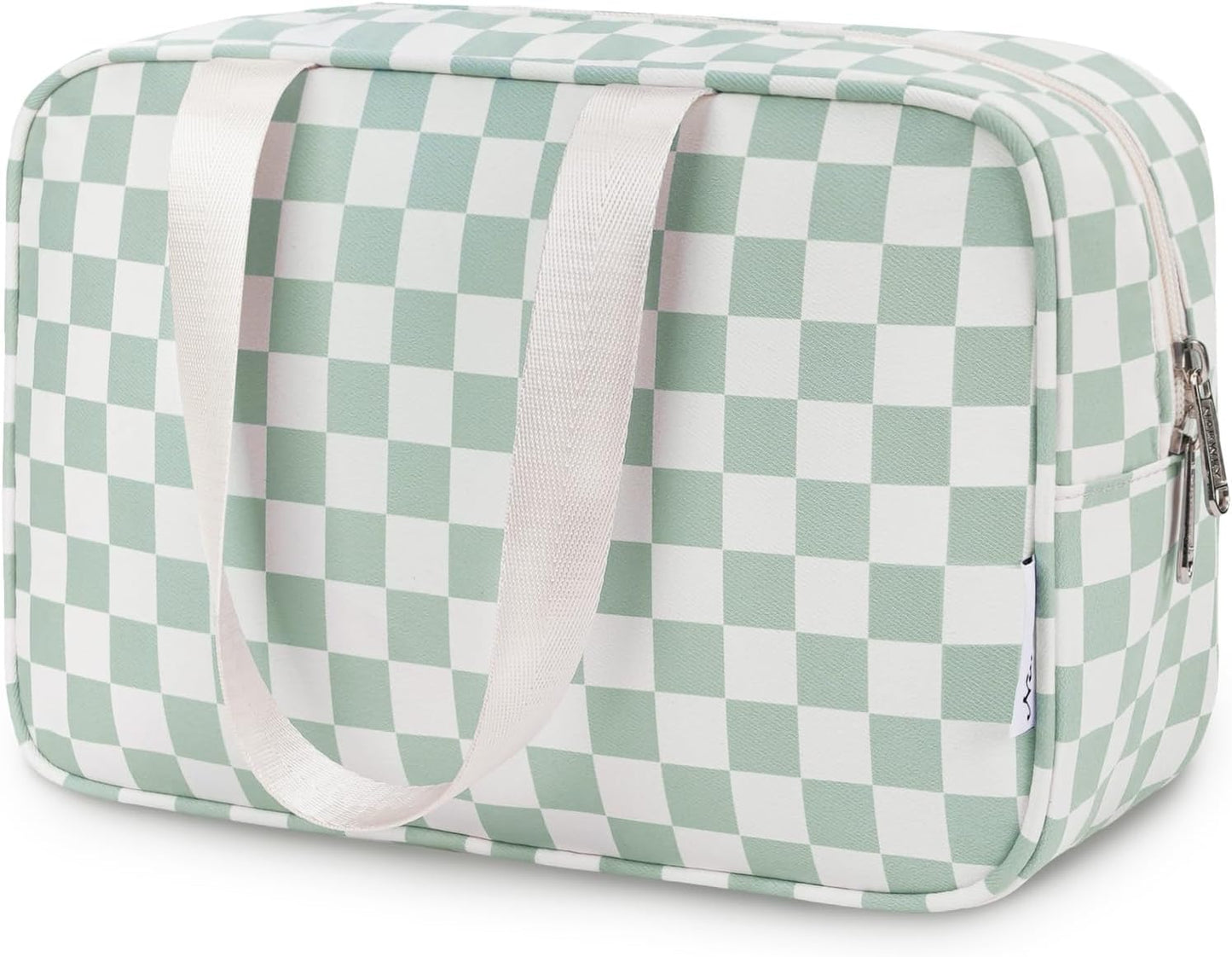 Narwey Large Checkered Travel Toiletry Bag Women Toiletries Bag Skincare Bag Makeup Bag with Handle Make up bag Organizer Cosmetic Bag Medicine Bag for Girls (Mint Green Checkerboard, Large)