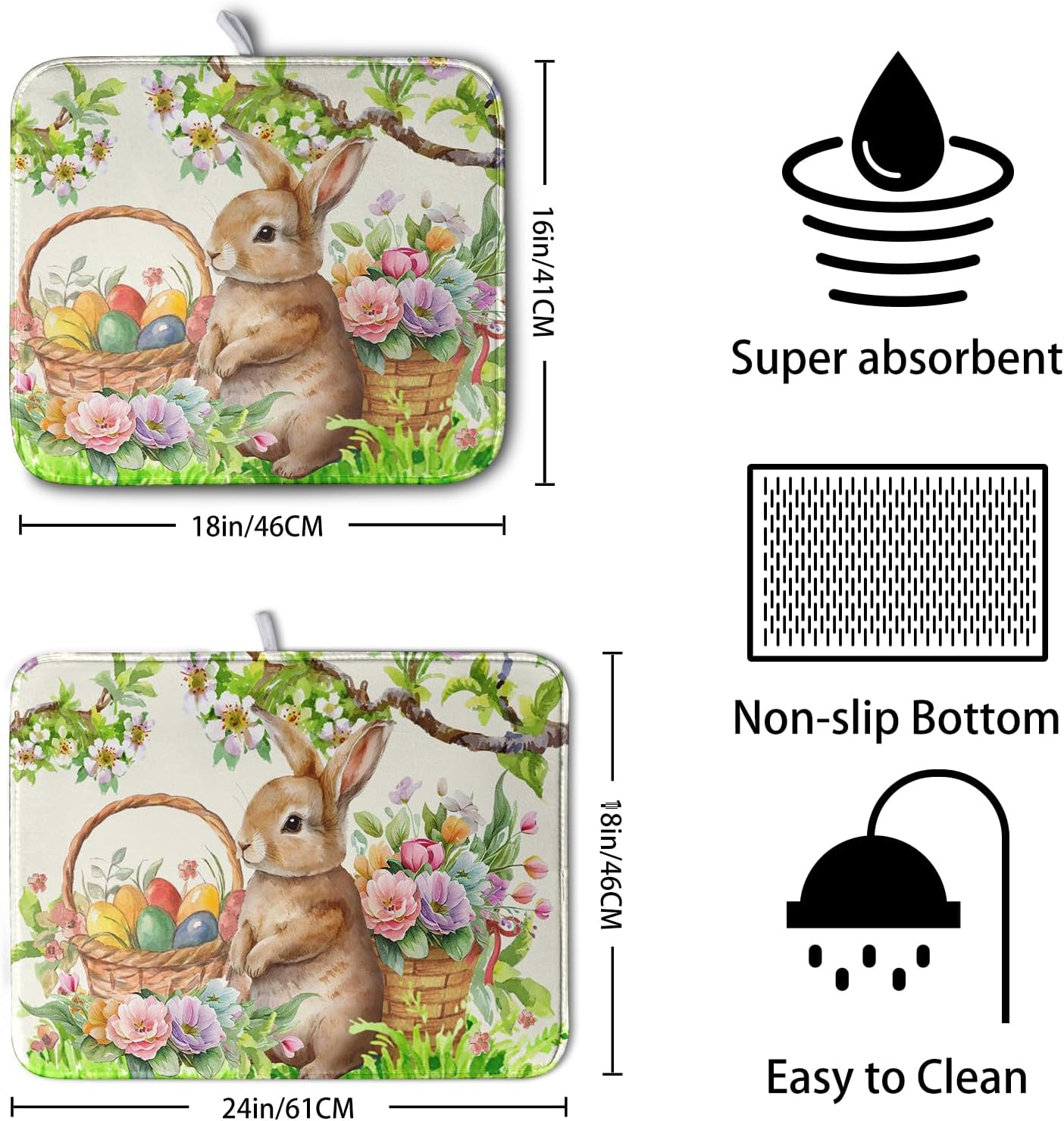 Easter Egg Bunny Dish Drying Mat for Kitchen Counter Floral Flower Basket Drying Mats Absorbent Dish Pad Spring Summer Holiday Large Dish Draining Mat 18x24 inch