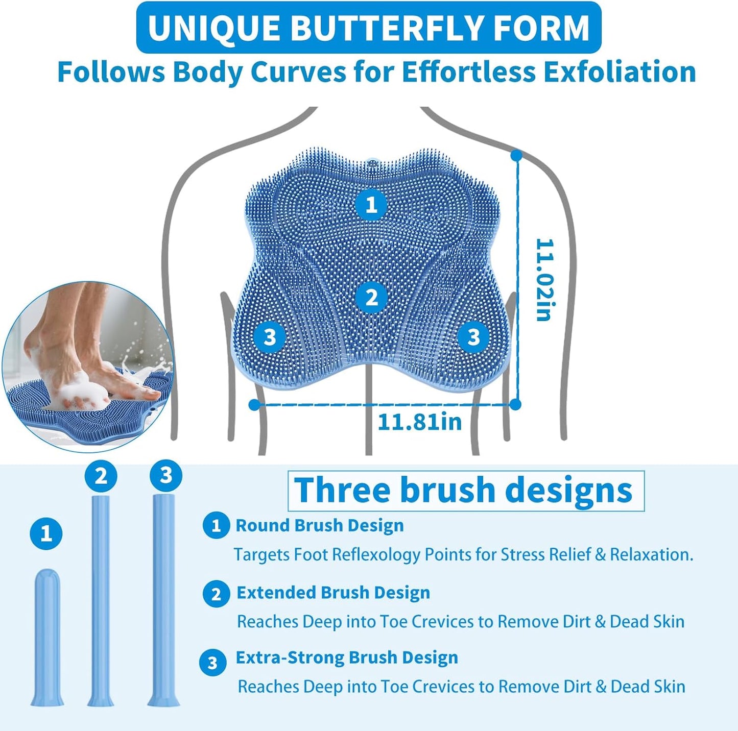Show Foot Scrubber Mat & Silicone Back Scrubber with Butterfly Form Design,3 Brush Designs for Deep Cleaning Shower Foot Scrubber Mat, Wall Mounted Back Scrubber Silicone Bath(Blue)