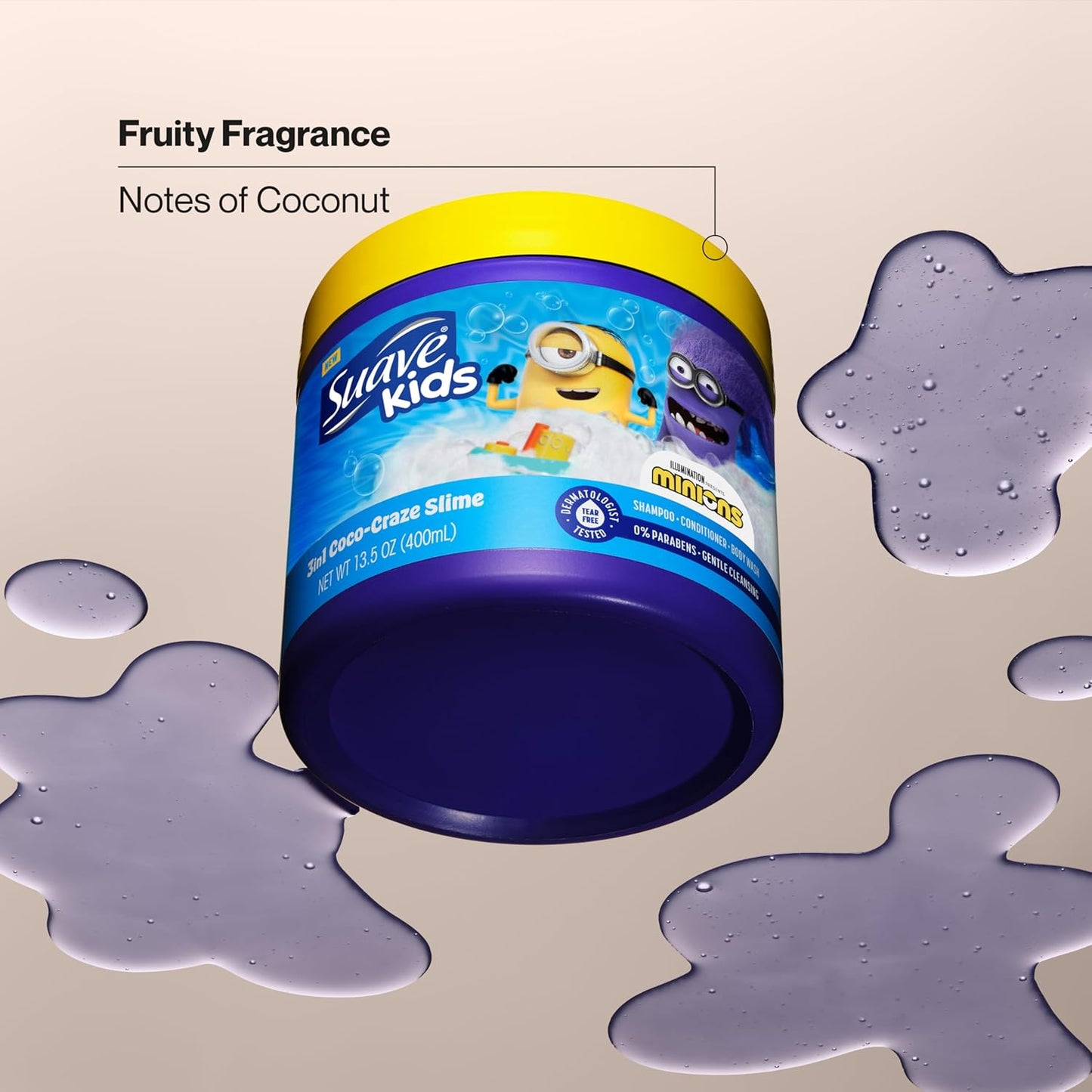 Suave Kids Minions Coco-Craze Slime 3-In-1 Shampoo, Conditioner, and Body Wash, For Tear-Free and Gentle Cleansing, 13.5 oz, 4 Pack