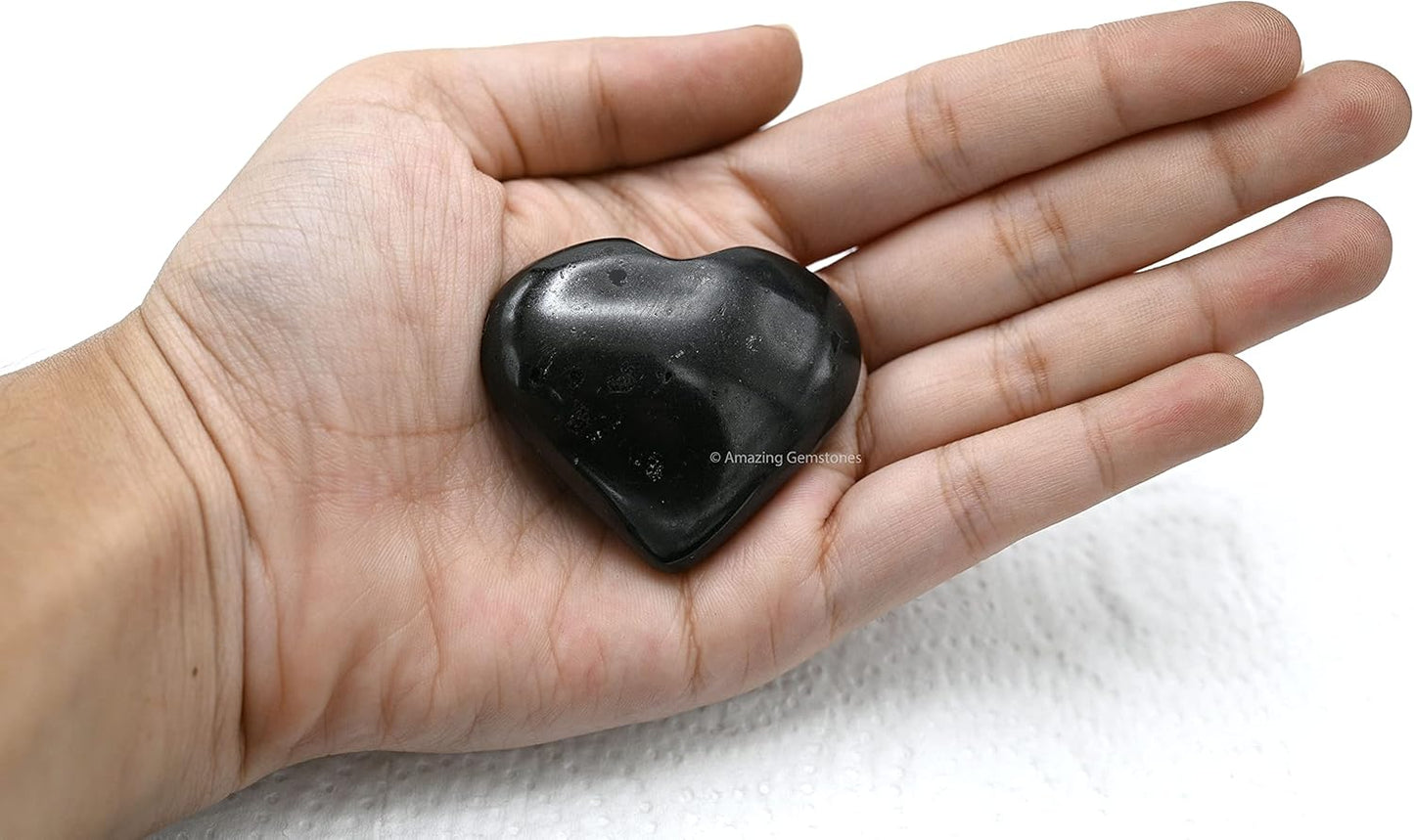 Amazing Gemstone Black Tourmaline Crystal Heart Palm Stone - Pocket Massage Worry Stone for Natural Body Chakra Balancing, Reiki Healing and Crystal Grid