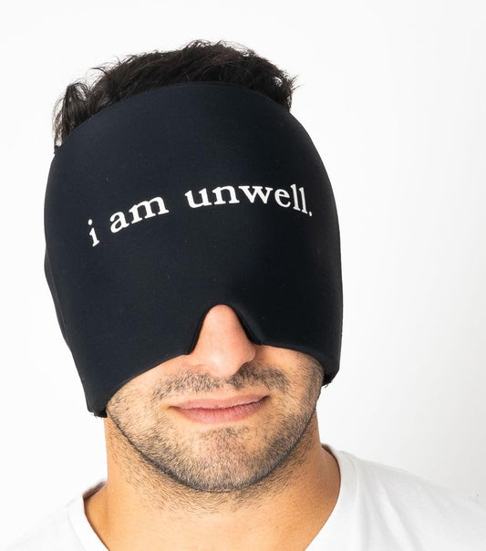 Huggs Migraine Relief Cap - I Am Unwell - Cooling Gel Head Wrap, Cold Compress Cap for Headache, Stress, & Tension