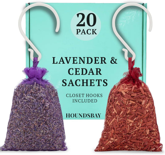 All-Natural Cedar and Lavender Sachet (20 Pack) with Hanger Hooks Included: 10 Lavender Sachets for Drawers and Closets, 10 Cedar Sachets Best Moth Repellent for Clothes